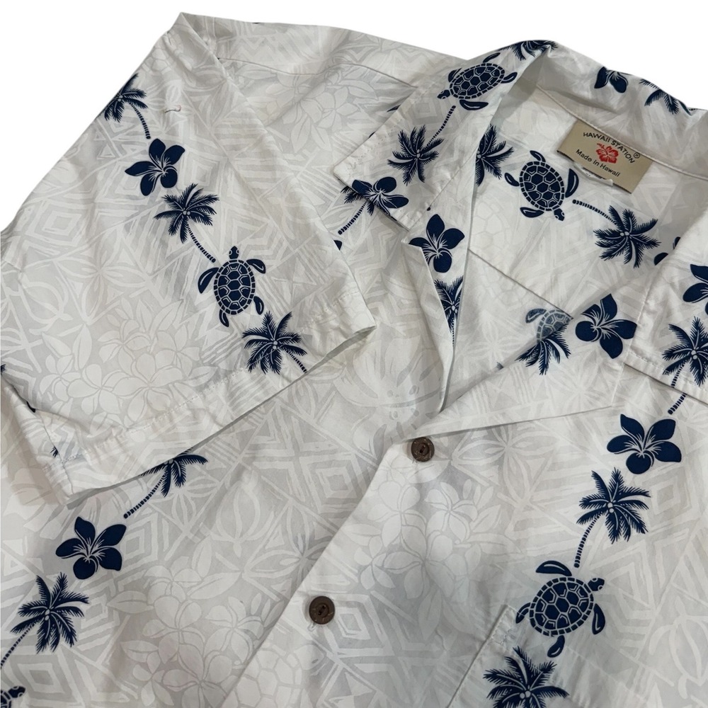 Hawaii Station Button Down Camp Shirt Mens White XL Honu Turtle Palm Tree‎ Print
